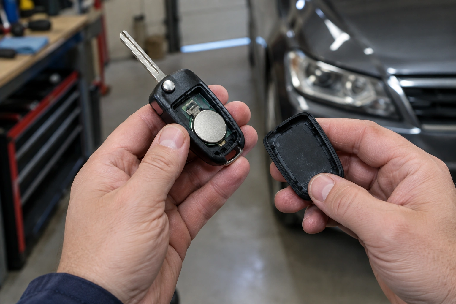 Car owner checking a key fob battery during troubleshooting