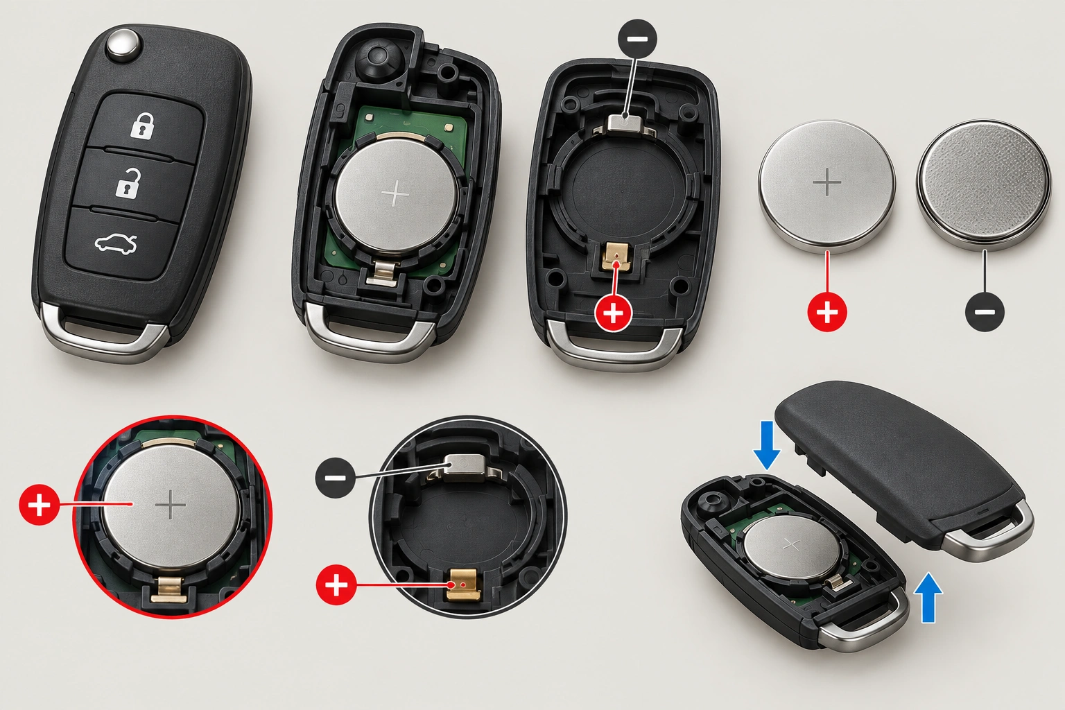 Car key fob battery, contacts, and case reassembly troubleshooting