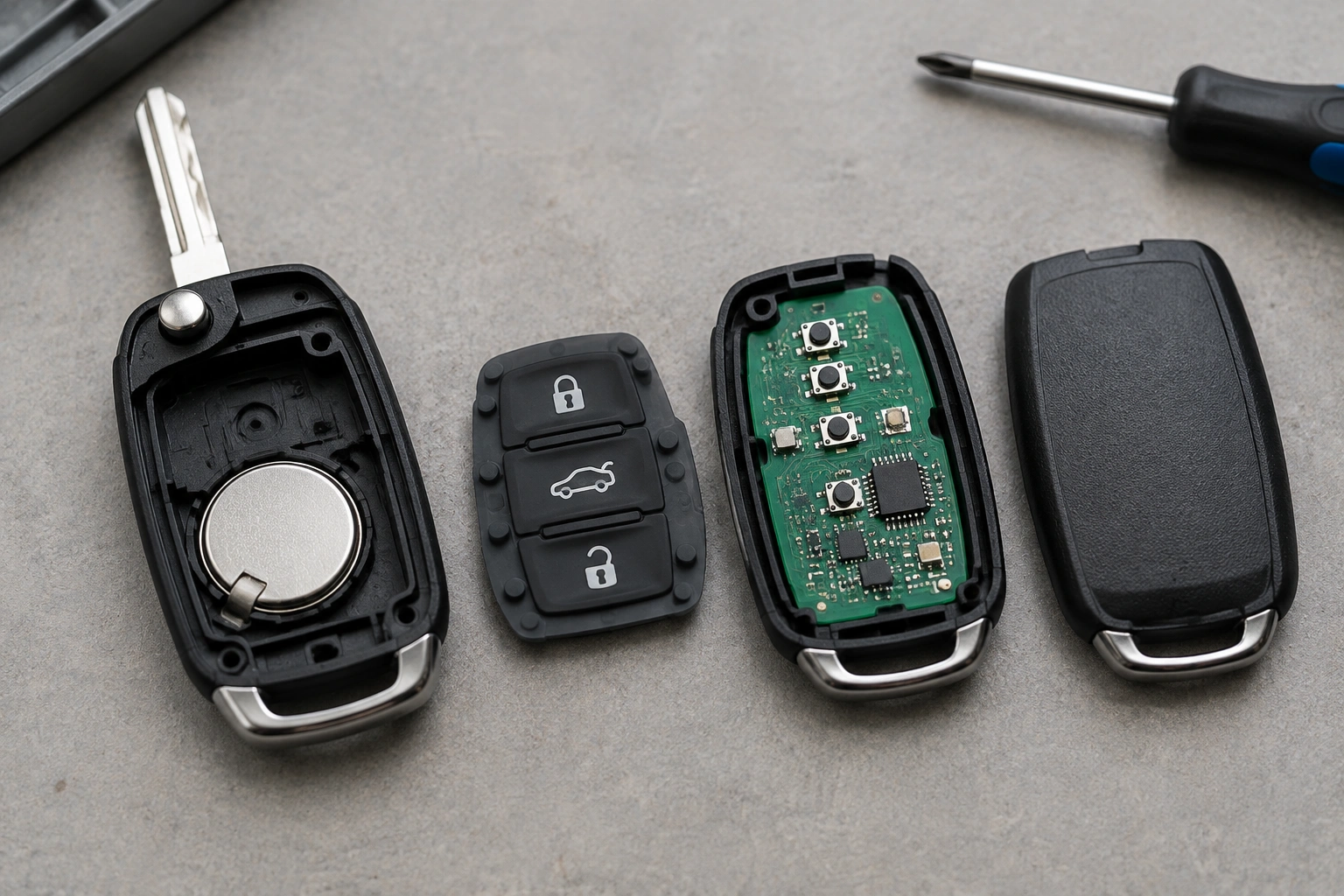 Car key fob opened to show battery, rubber button pad, and circuit board