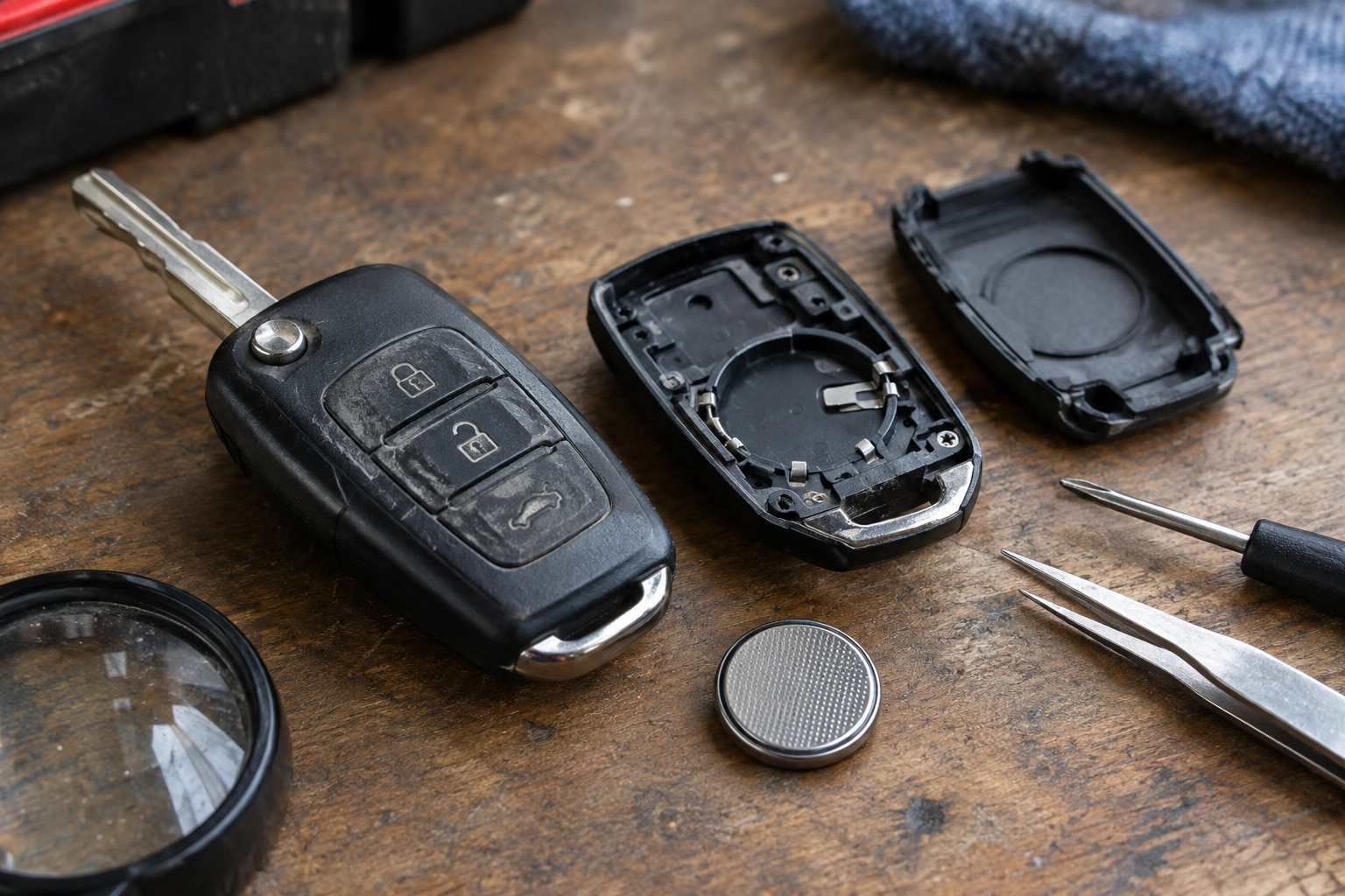 Close-up of a car key fob being inspected for worn buttons and damage