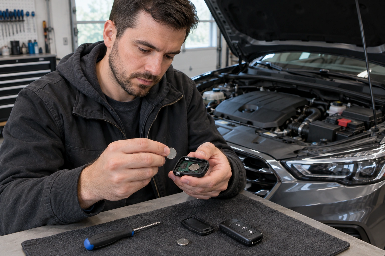 Driver troubleshooting a key fob after car battery replacement