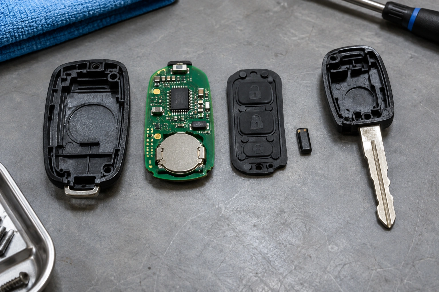 Open key fob case showing circuit board battery chip and button pad