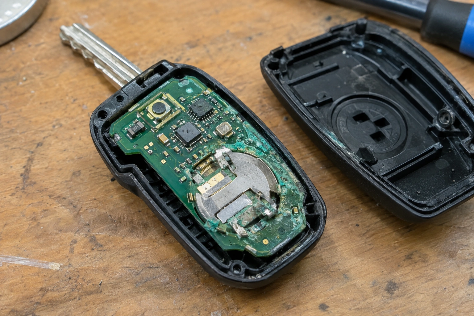 Open key fob showing circuit board corrosion and damaged components