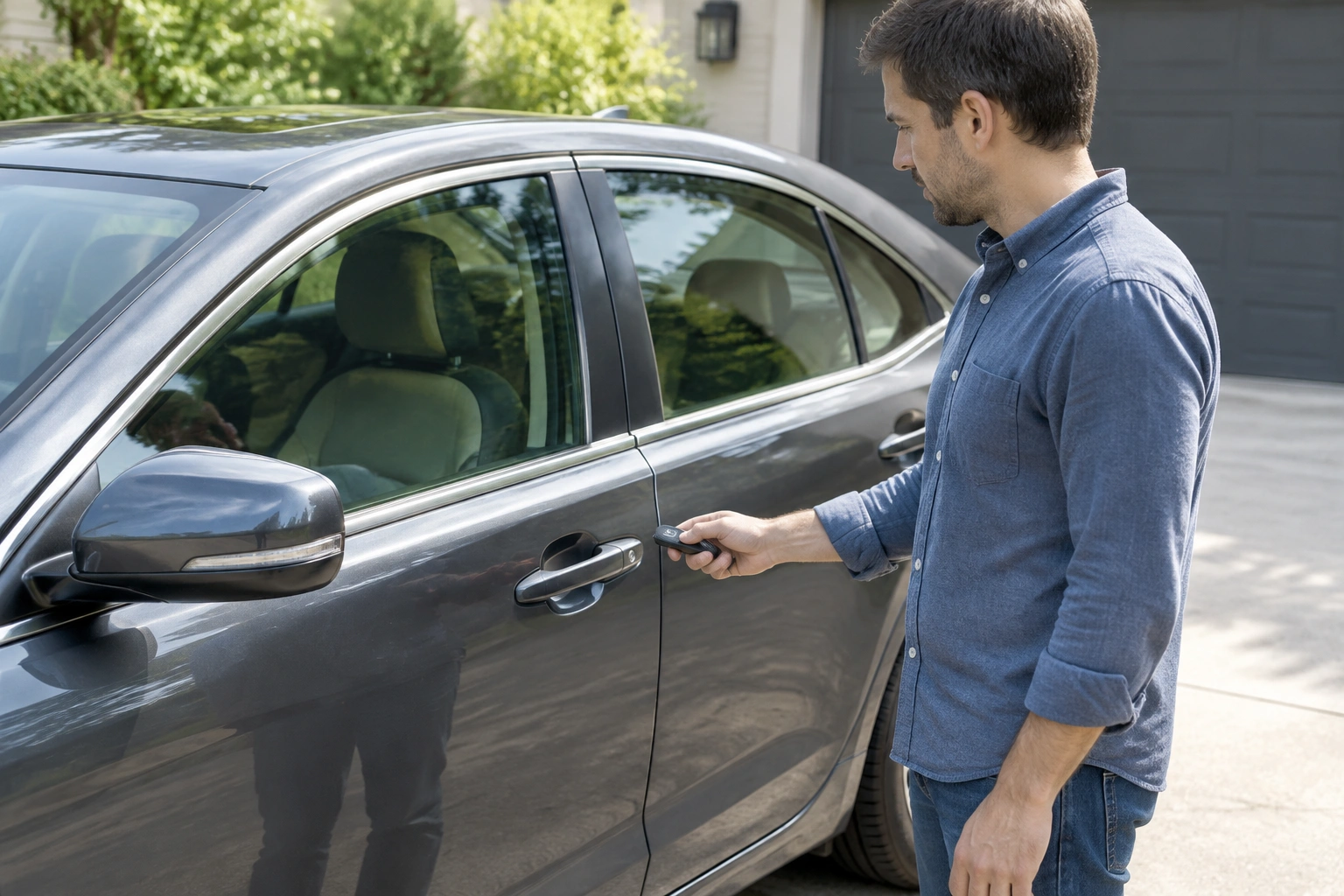 Driver testing a car key fob at close range beside the door
