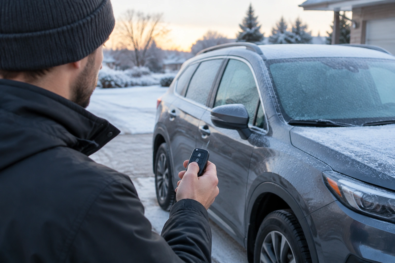Car owner troubleshooting a key fob in cold weather