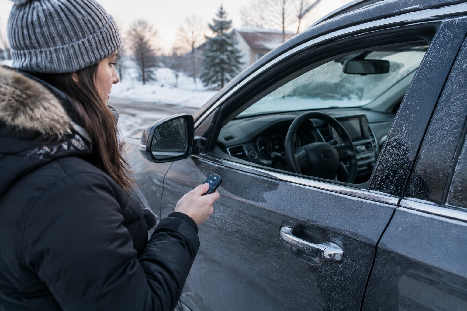 Driver holding a key fob in cold weather near a push-to-start car