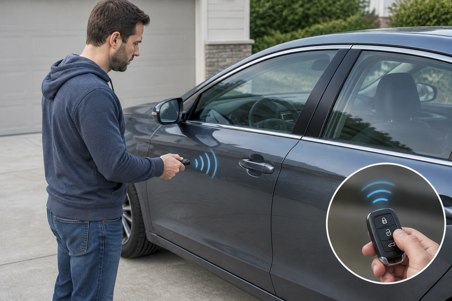 Car owner testing a key fob near the driver door