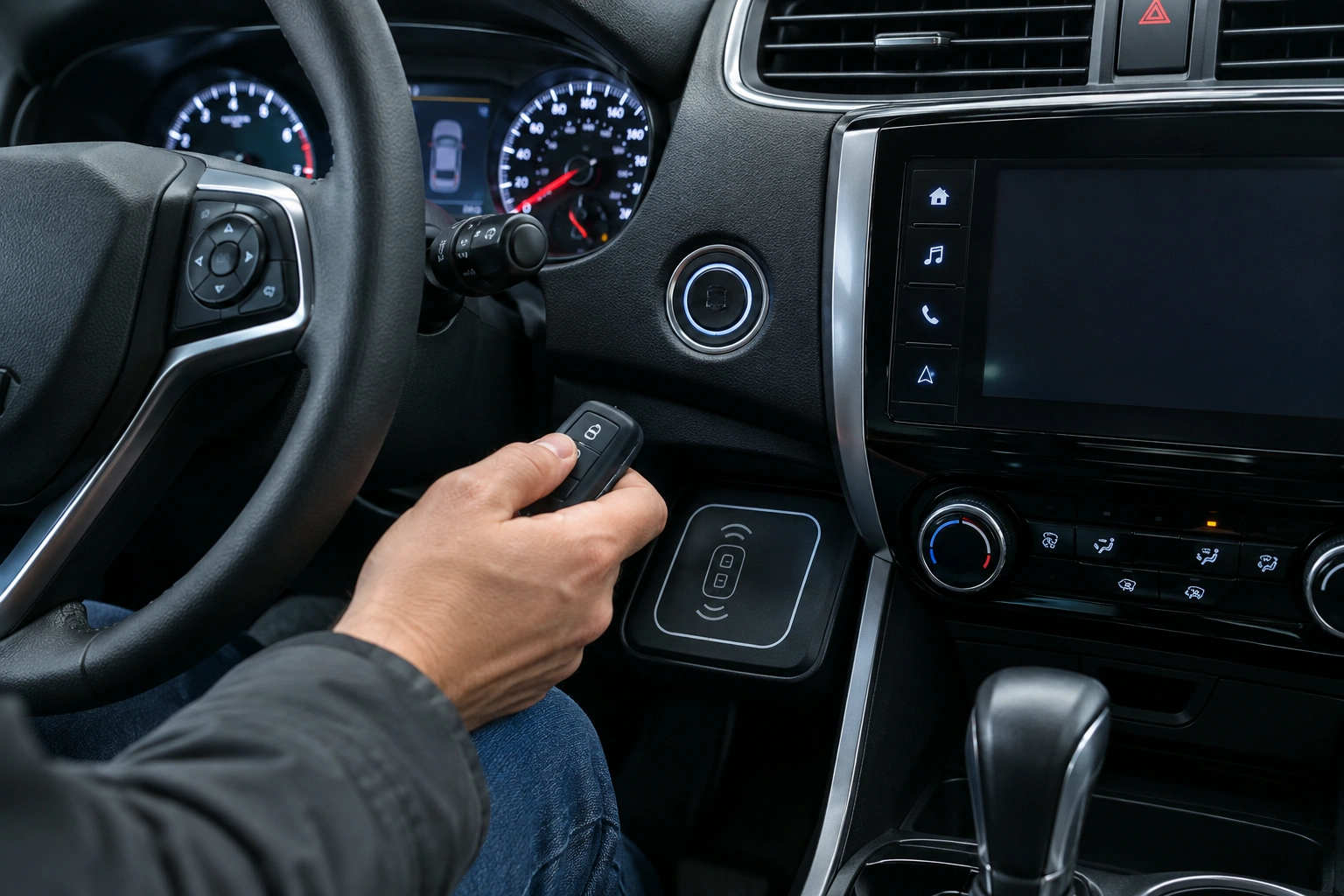 Driver holding a key fob near a push-button start backup reader