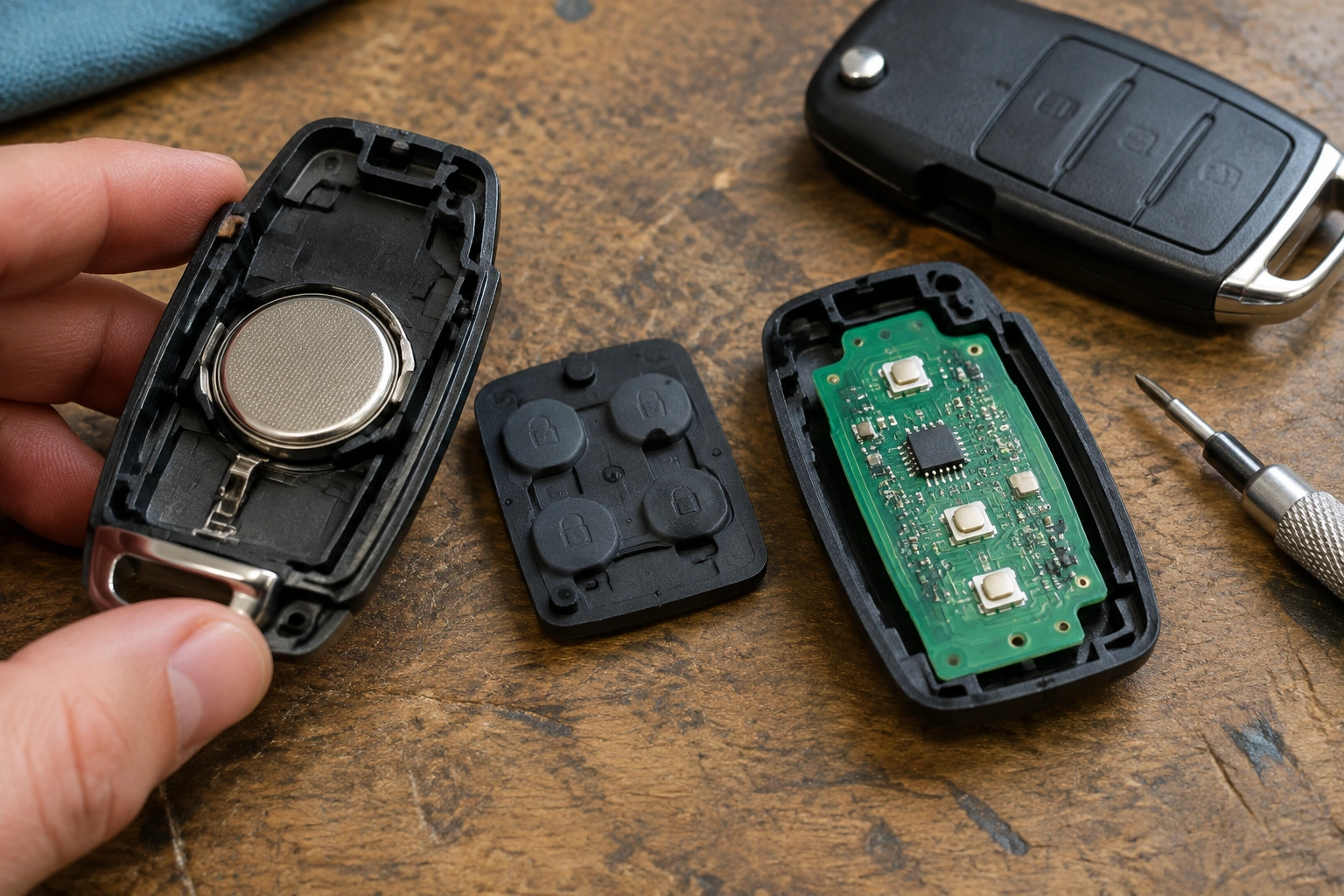 Open key fob with exposed battery and circuit board for inspection