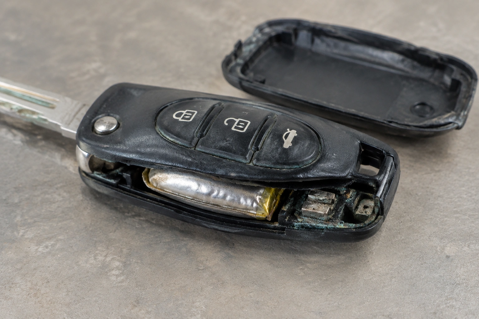 Damaged car key fob with swelling and corrosion