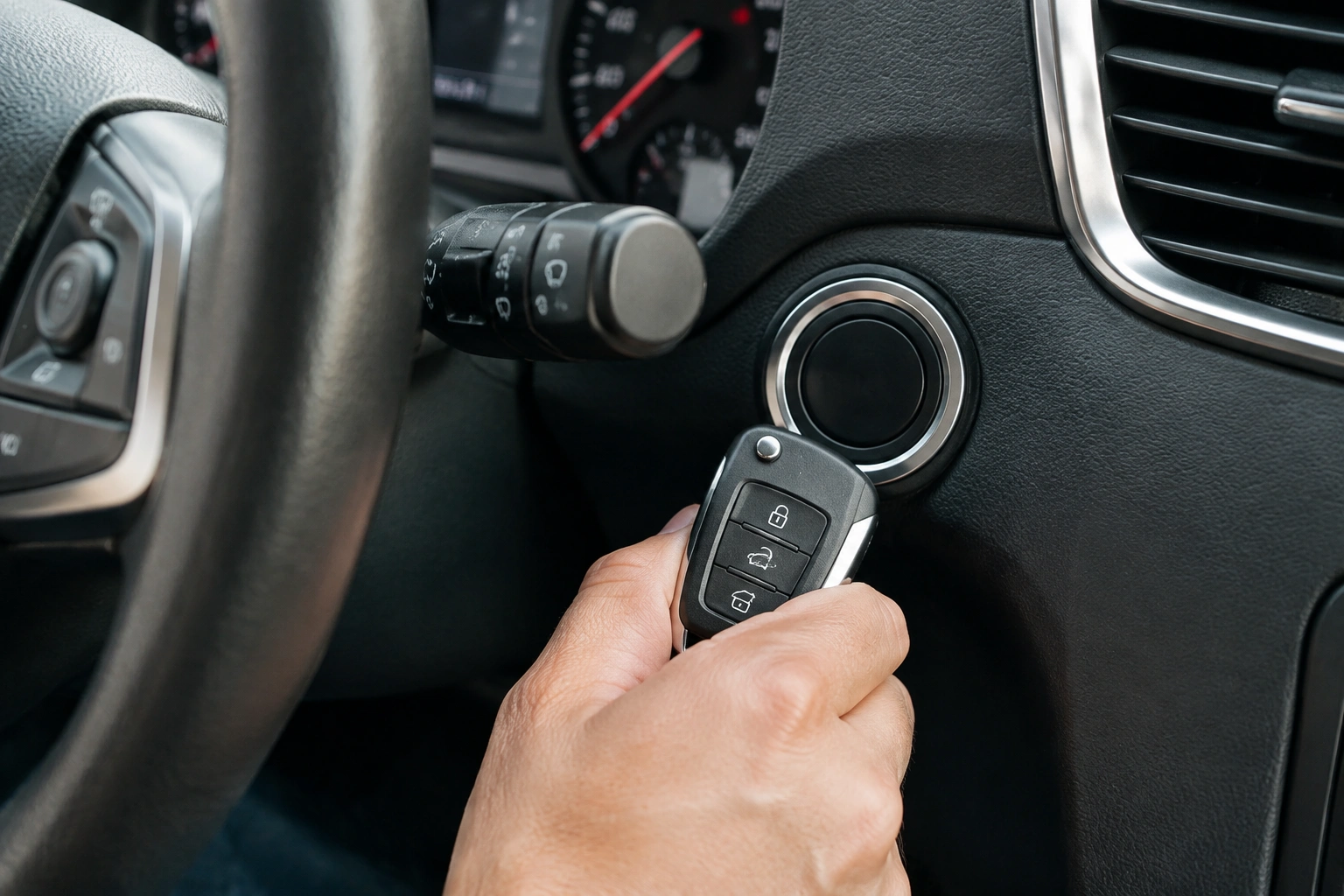 Key fob held near a push-button start in a car
