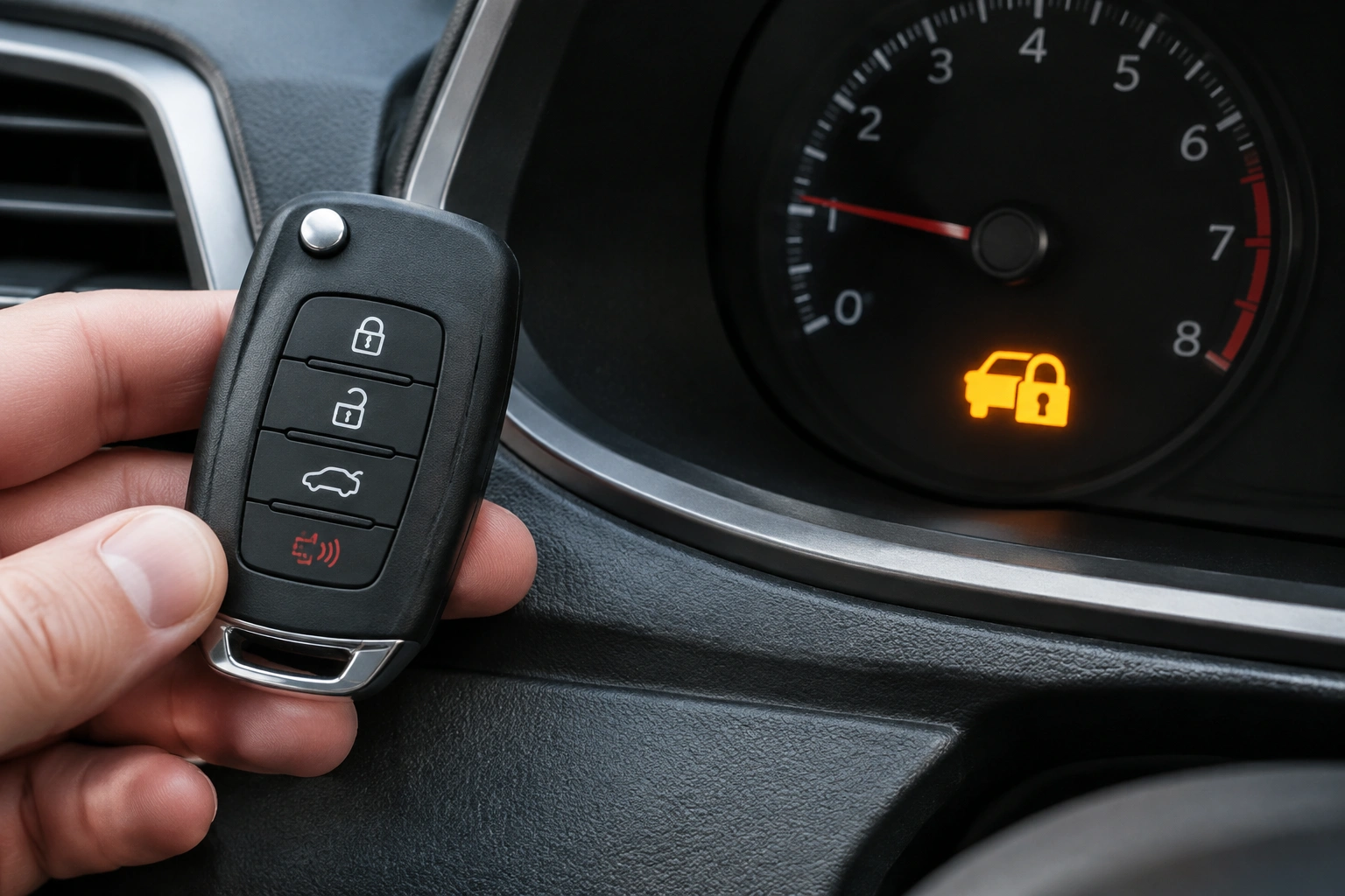 Key fob next to dashboard warning light for immobilizer troubleshooting