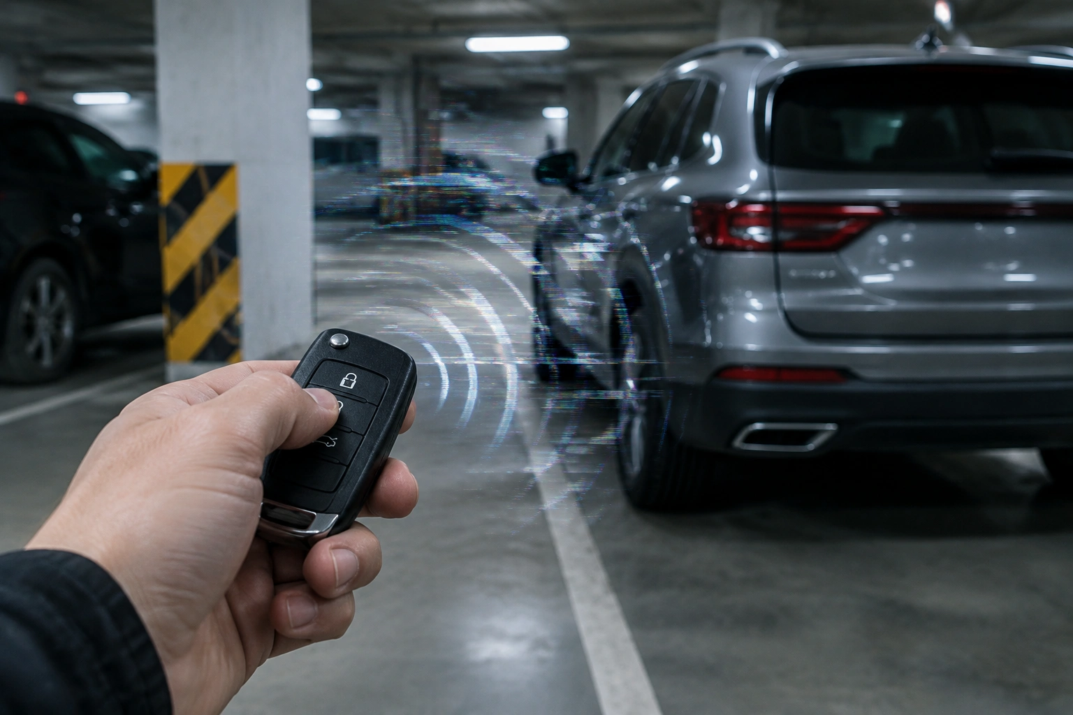 Car key fob troubleshooting in a parking area