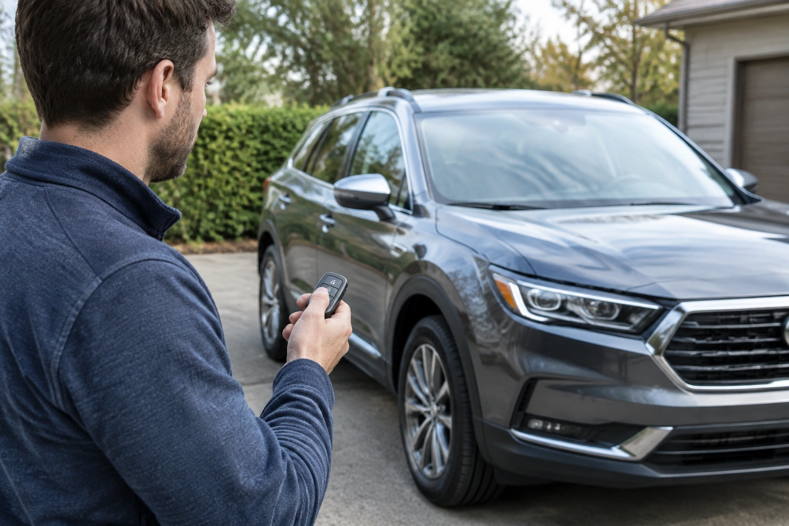 Car owner testing a key fob near a vehicle in a parking lot