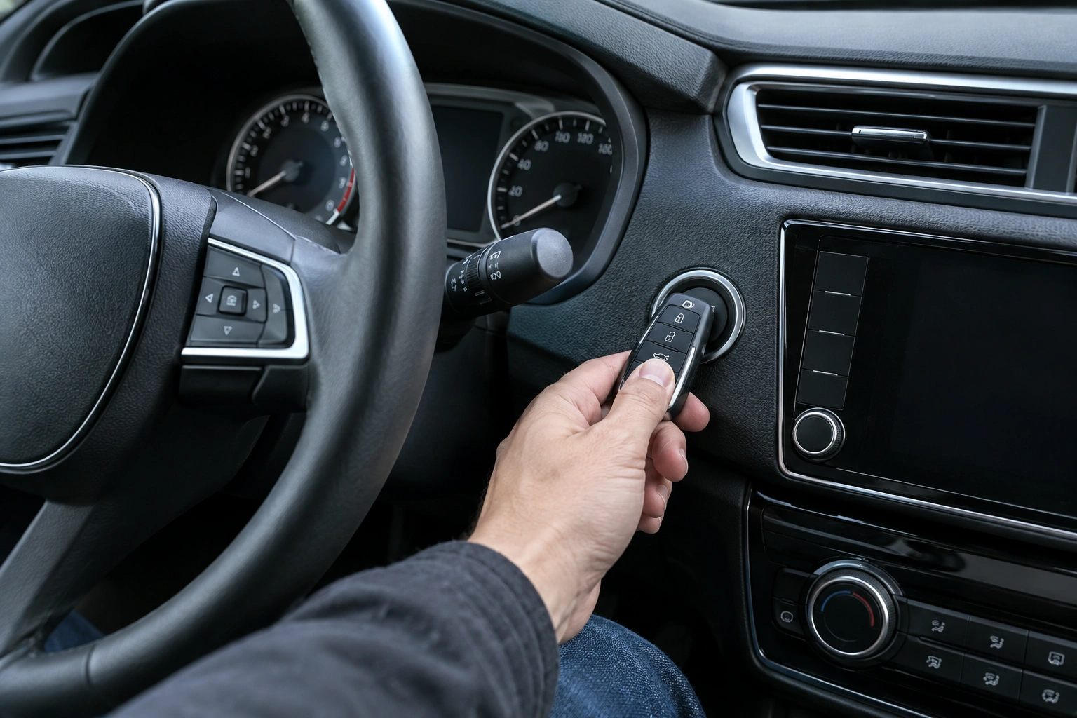 Driver holding a key fob near a push-button start to test intermittent detection
