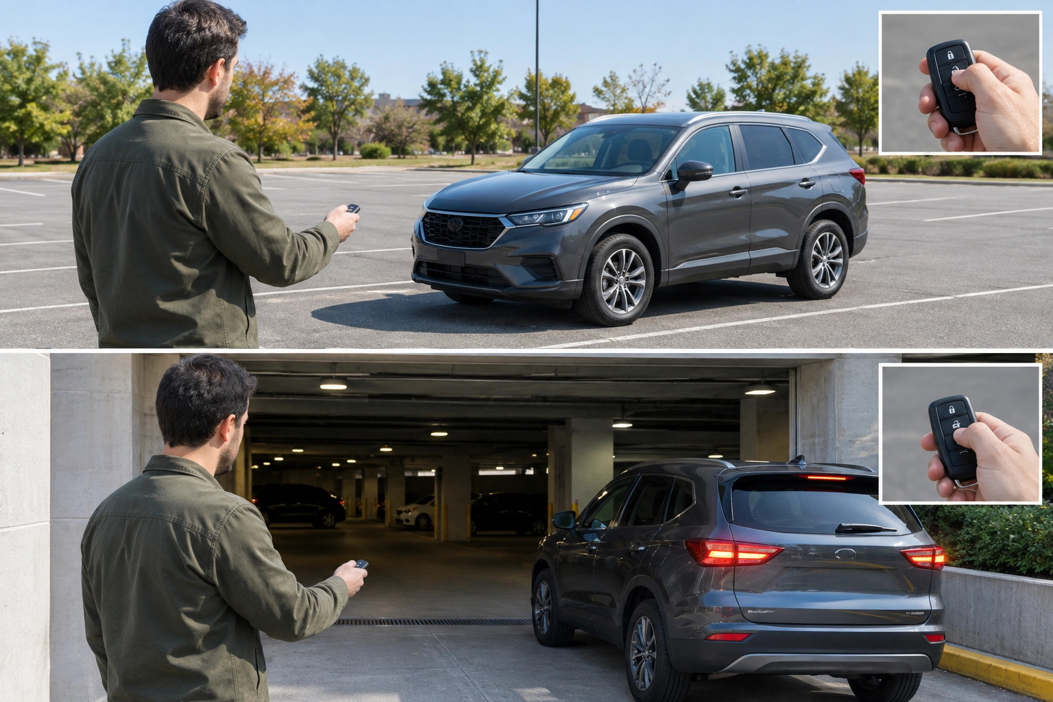 Driver testing a key fob in different locations to isolate interference or battery issues