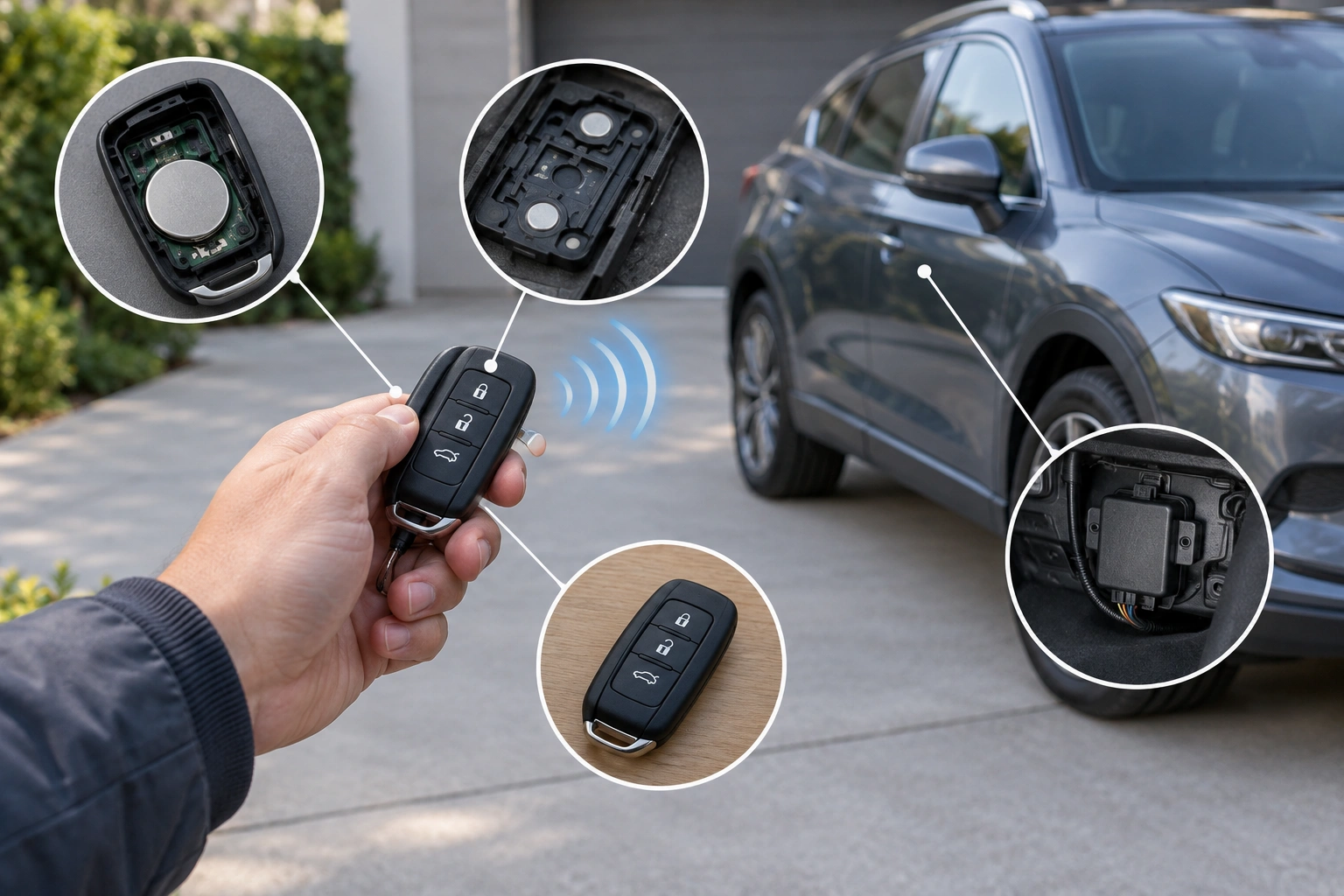 Car owner testing a key fob lock button beside a vehicle