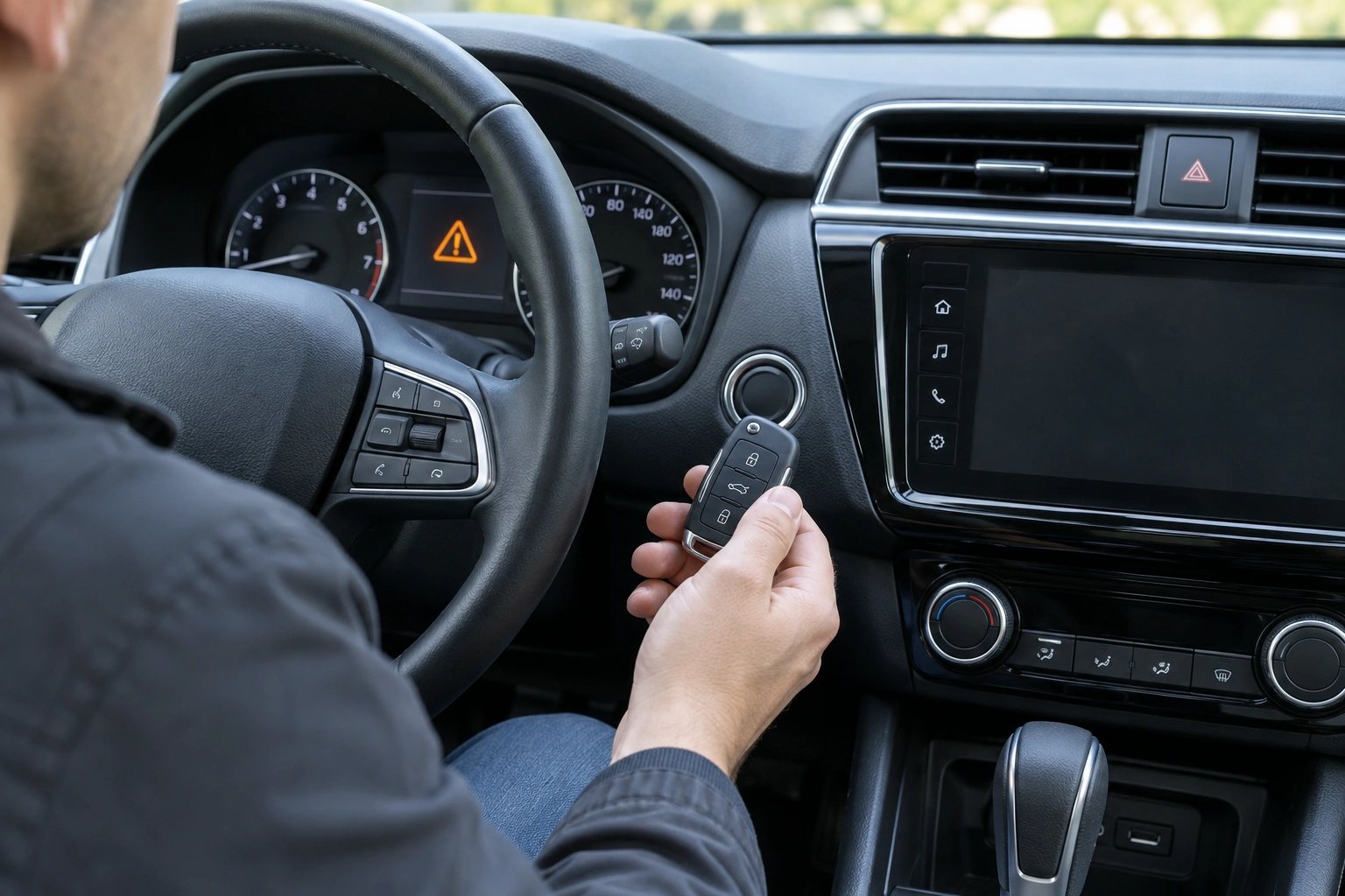 Car owner holding key fob near push-button start after jump start