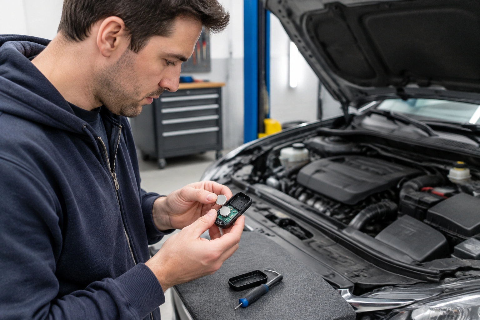 Car owner checking a key fob battery and vehicle battery during troubleshooting