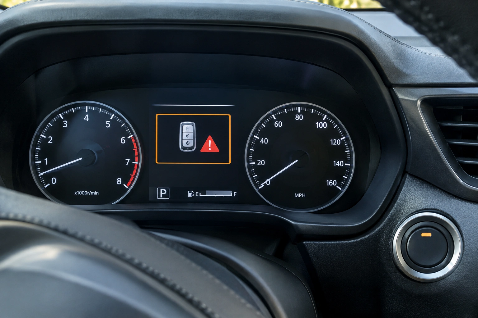 Dashboard showing a key fob not detected warning message