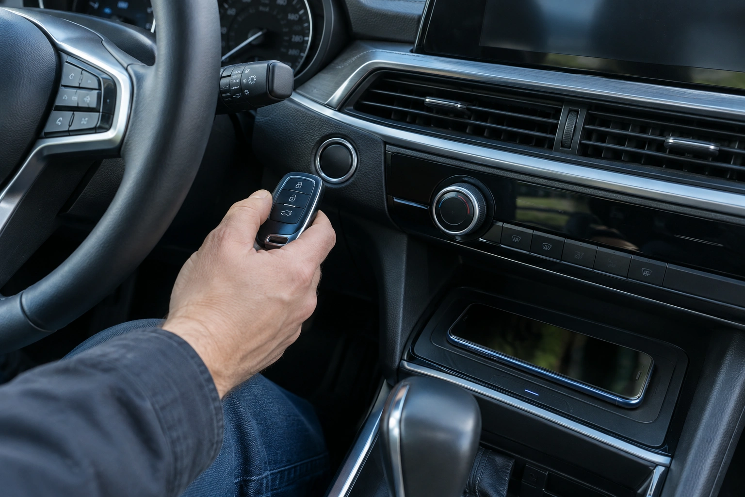 Driver holding a key fob near a push-button start in a car.
