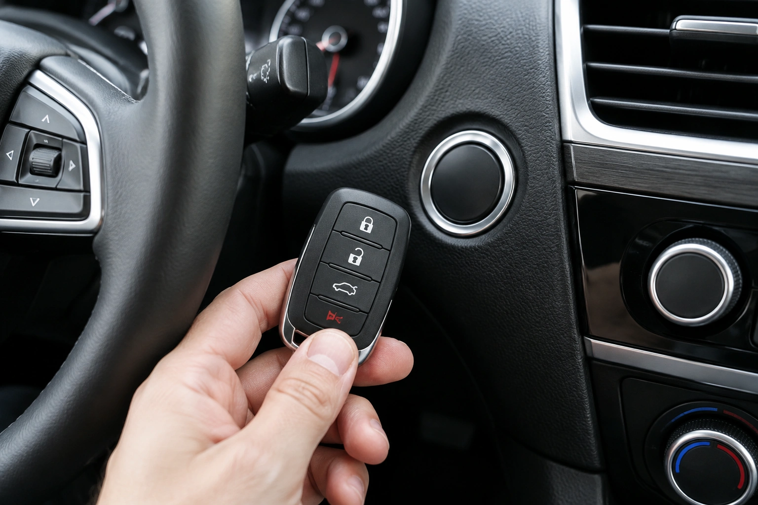 Smart key fob beside a push-button start button
