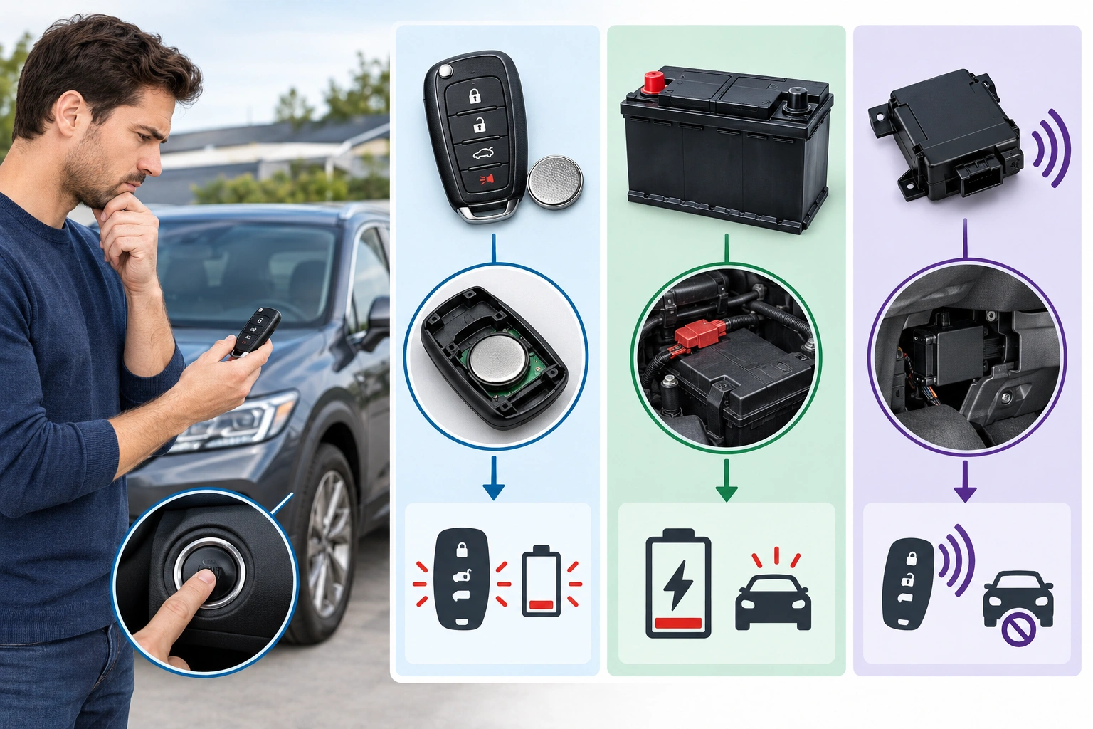 Troubleshooting chart for a car that says key fob not detected