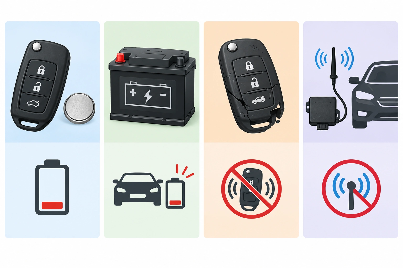 Comparison chart for key fob battery, car battery, damaged fob, and receiver issues