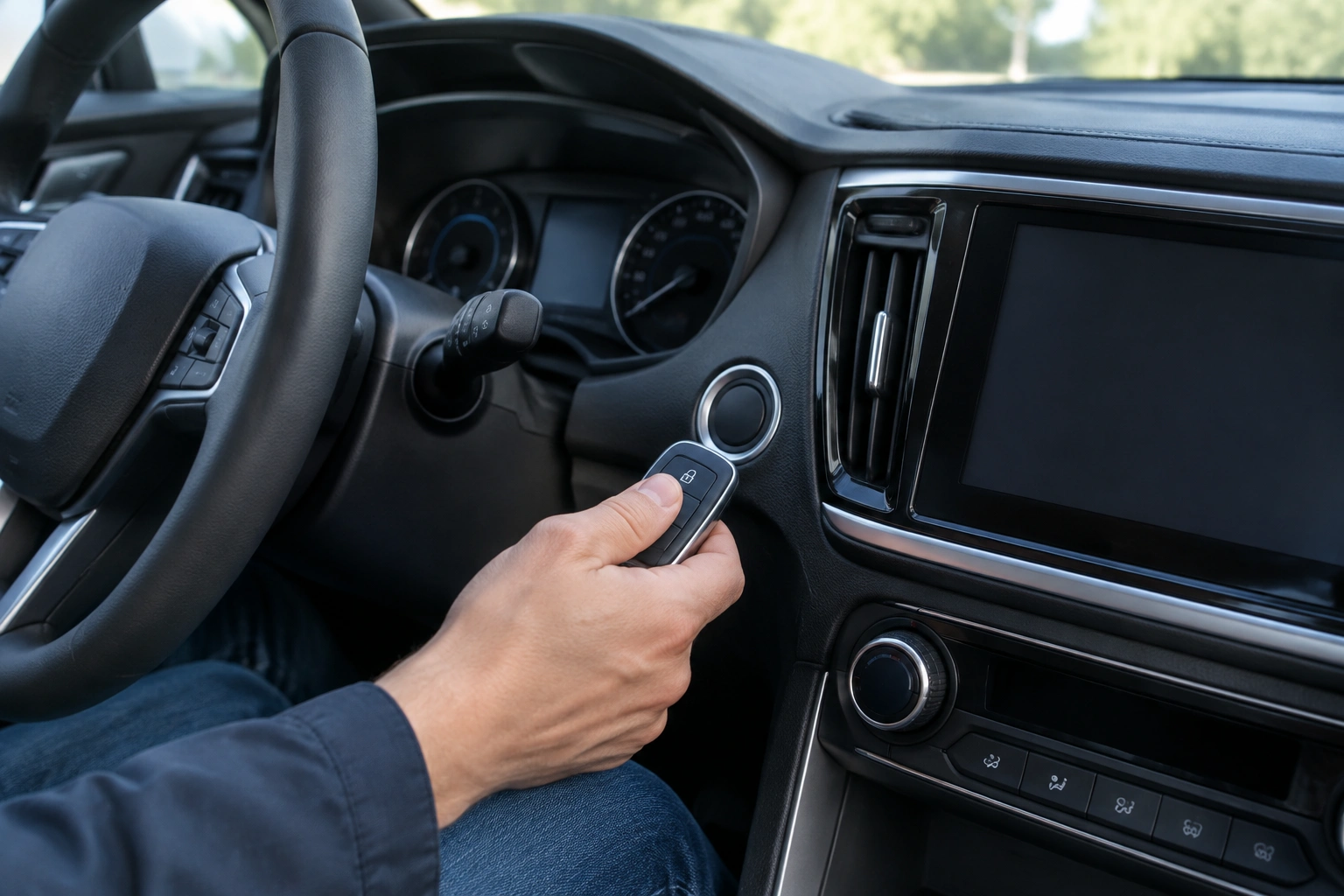 Driver troubleshooting a key fob not detected warning in a car