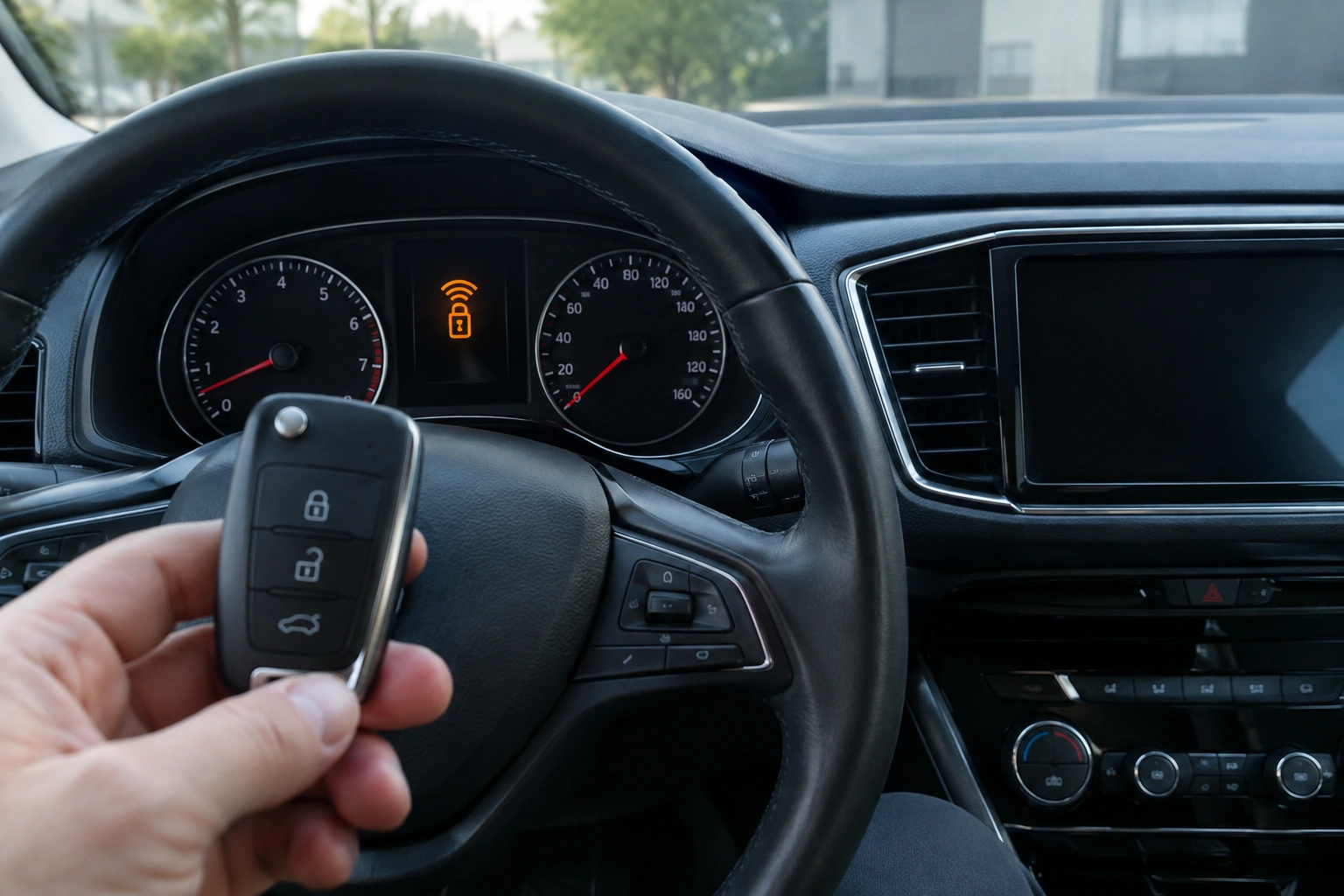 Dashboard showing key fob not detected warning while driving