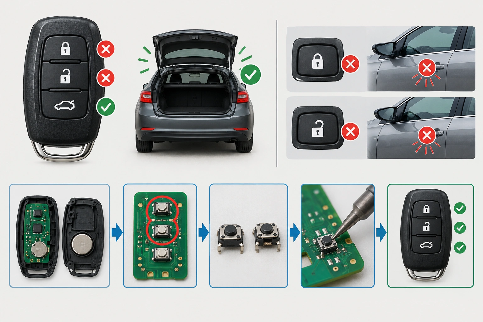 Diagram showing a key fob trunk button working while door lock buttons fail