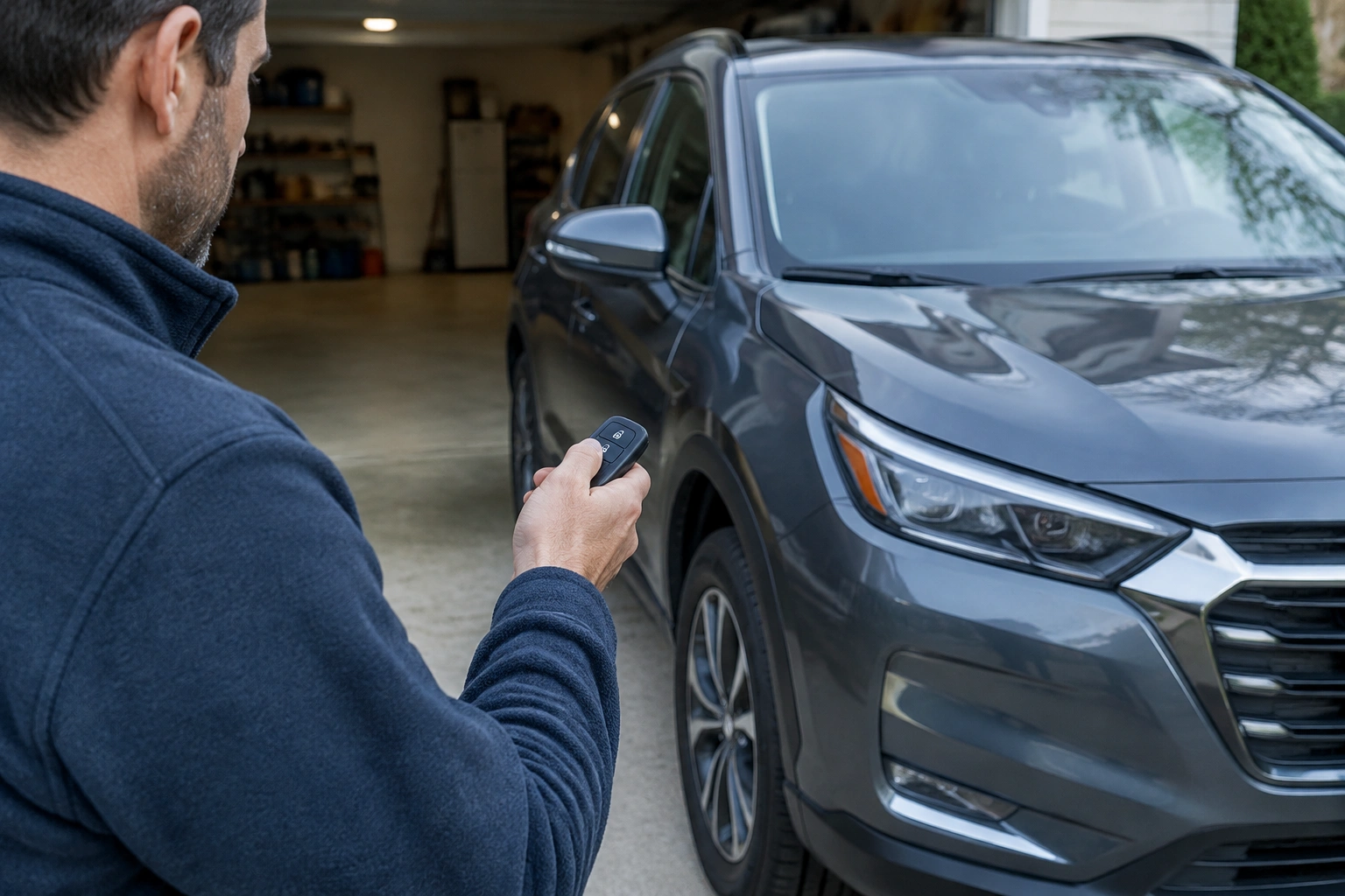 Car owner checking a key fob while standing near the vehicle
