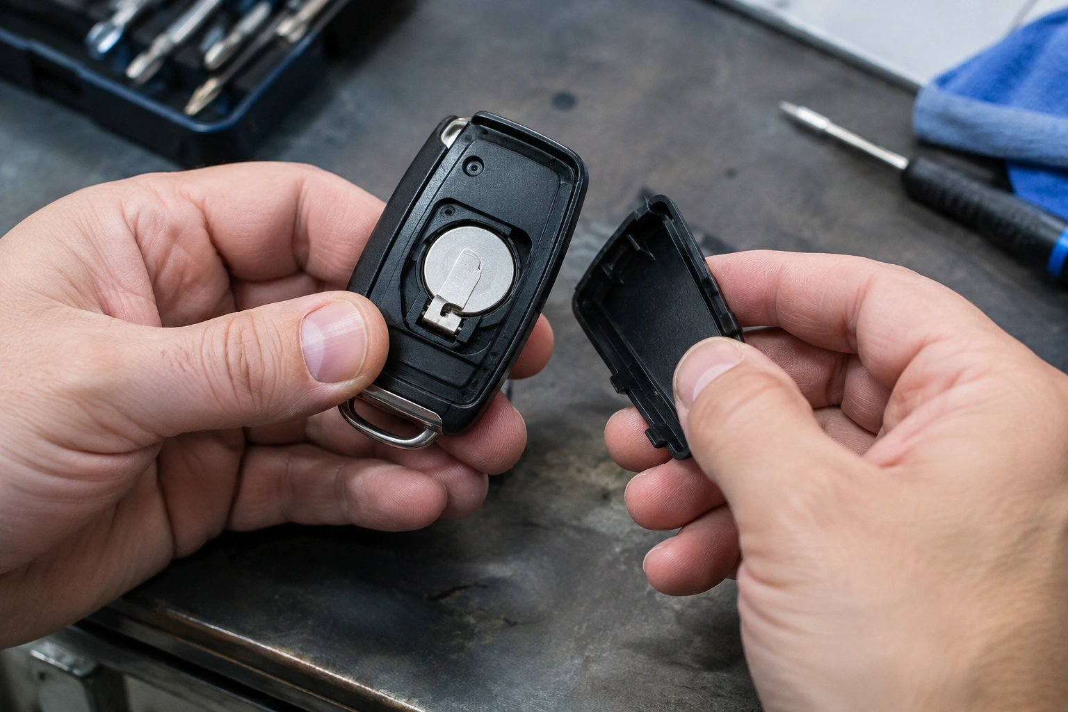 Car key fob being inspected for a panic button problem