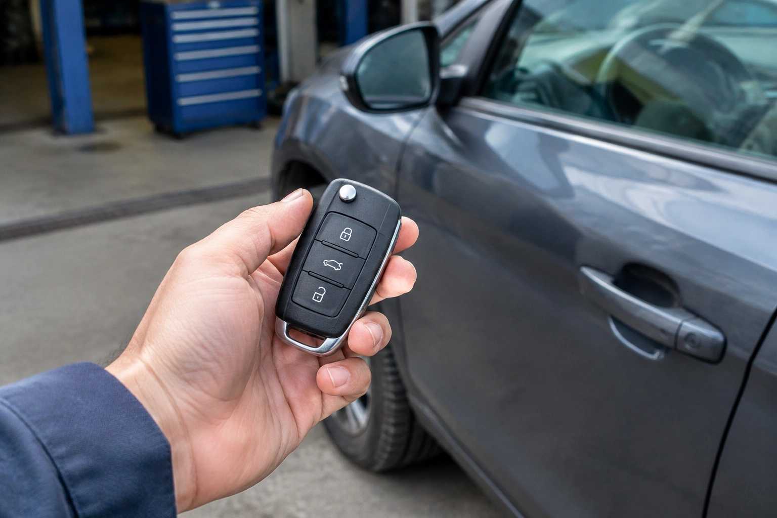 Car owner testing a key fob near a vehicle