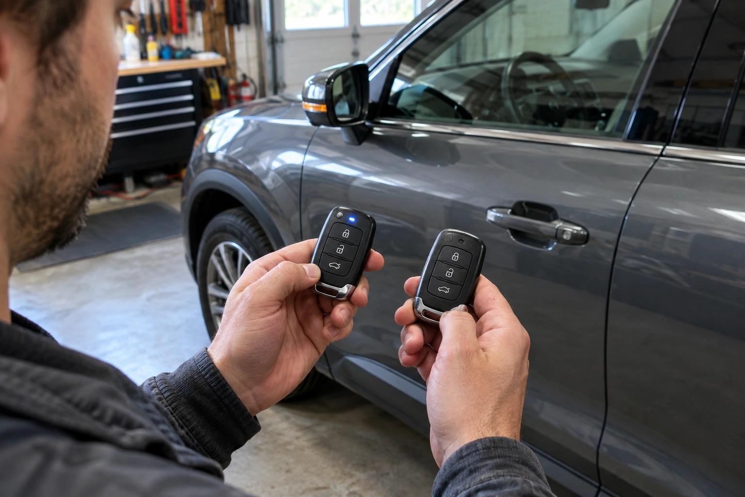 Car owner comparing two key fobs while troubleshooting receiver symptoms