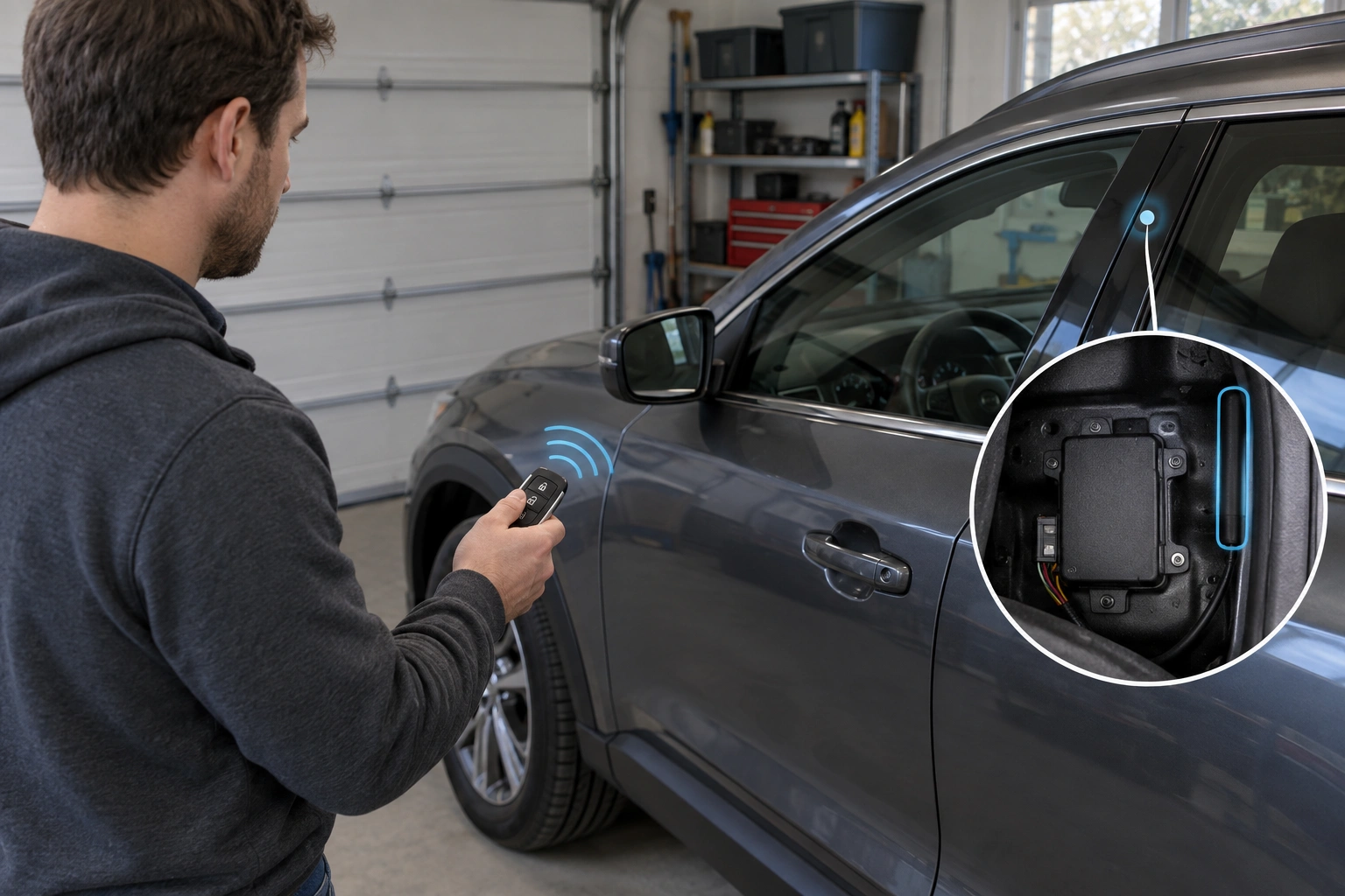Car owner diagnosing a key fob receiver problem near a vehicle