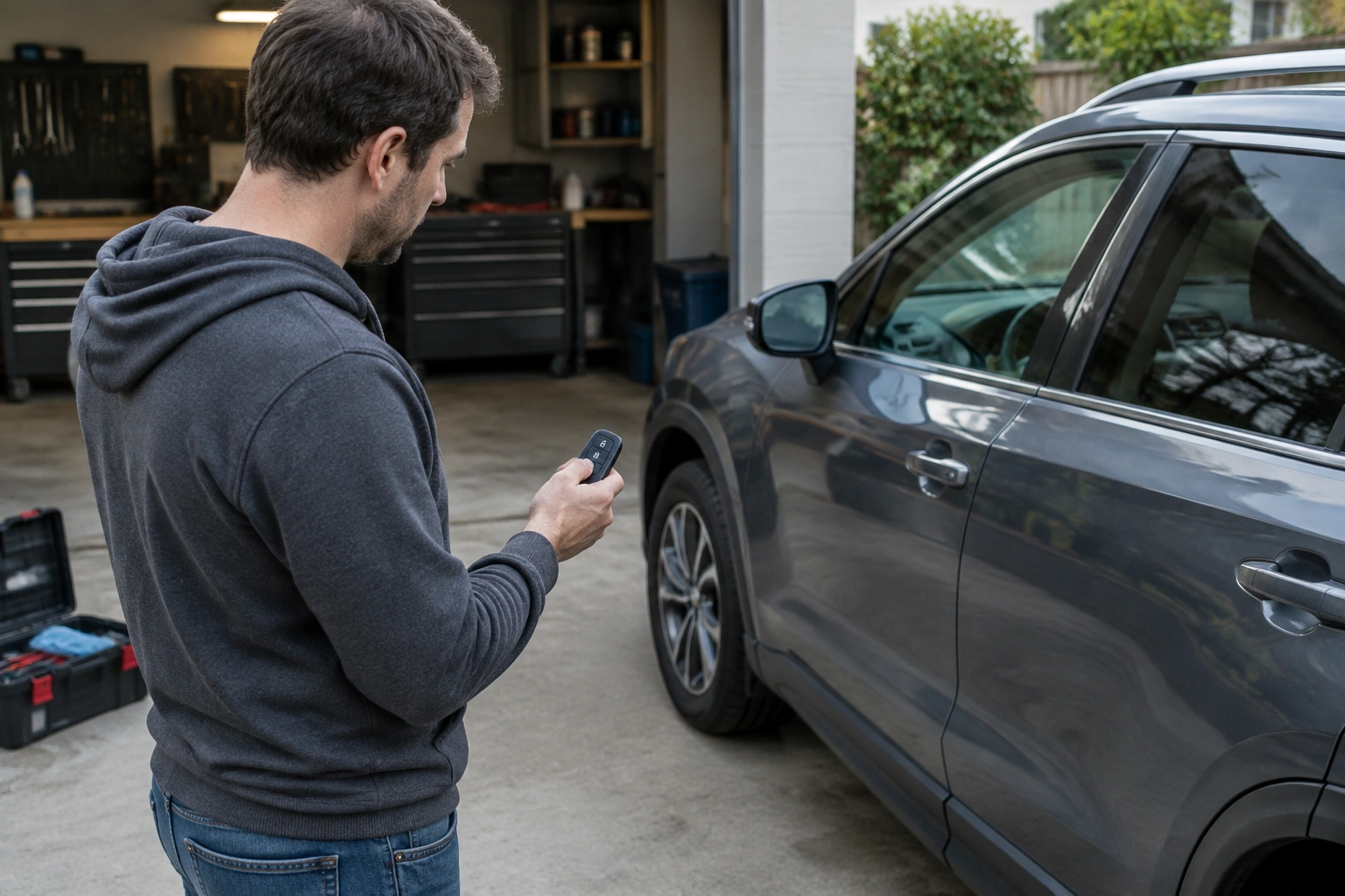 Car owner troubleshooting a key fob receiver problem