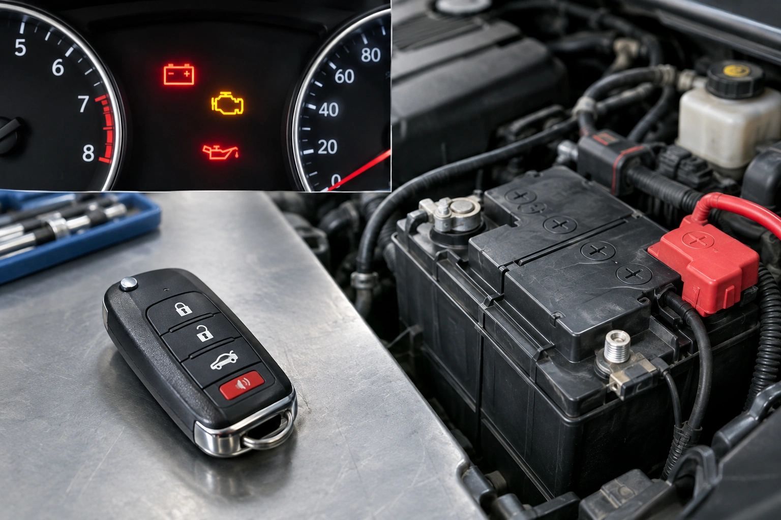 Car key fob and vehicle battery troubleshooting illustration