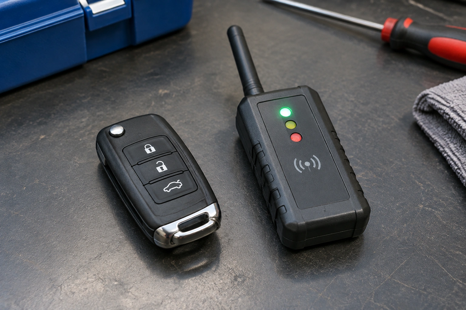 Car key fob being tested for signal transmission