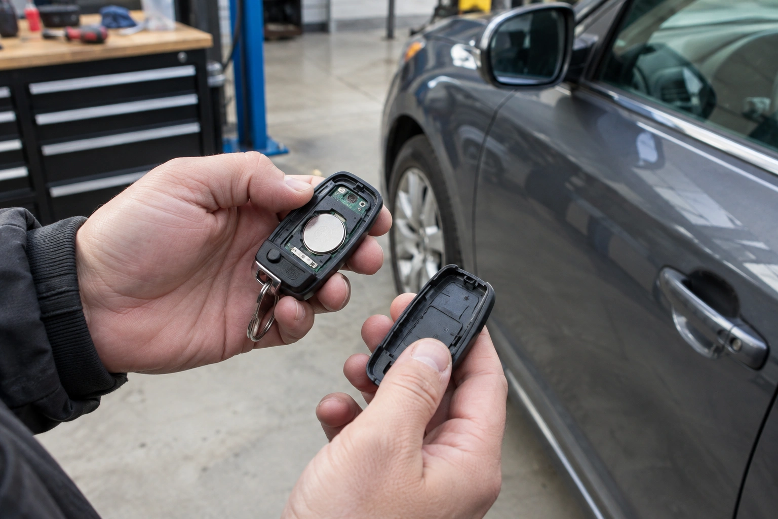 Car owner checking a key fob battery and buttons
