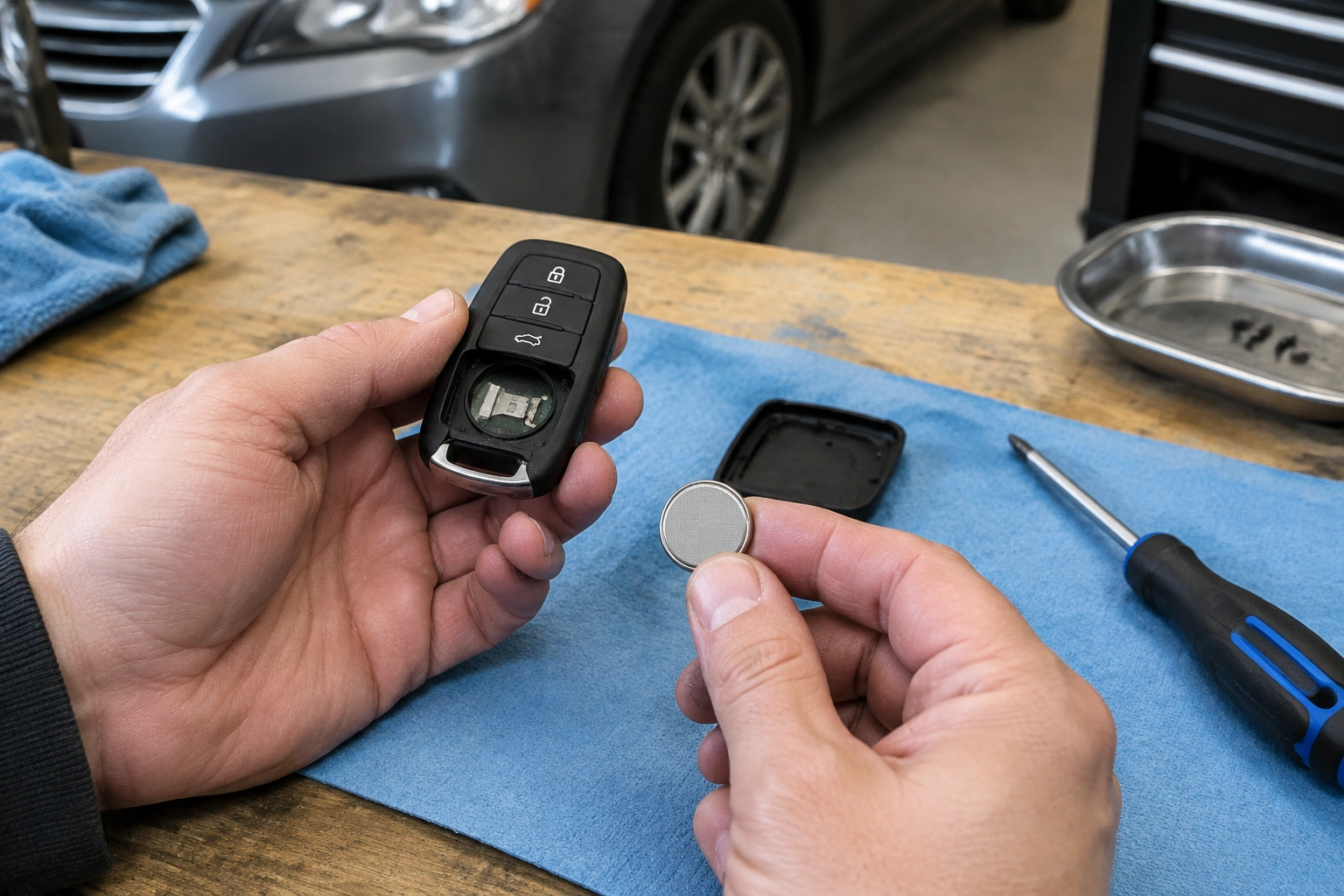 Car owner checking a key fob battery during troubleshooting