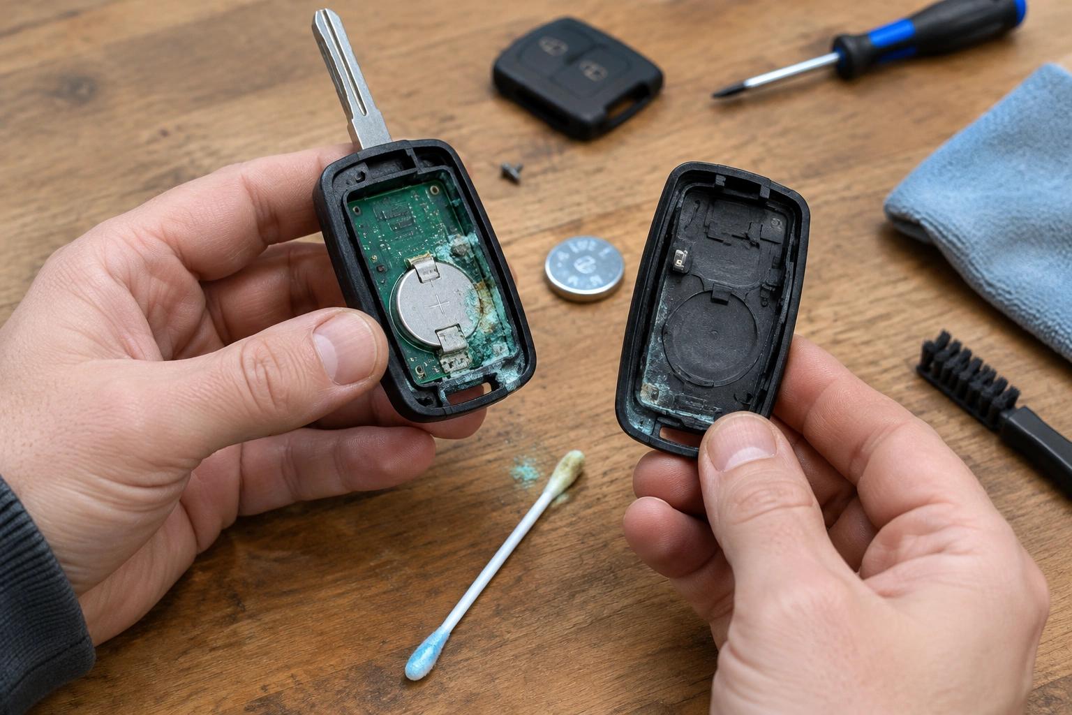 Car owner checking a key fob battery and inspecting for corrosion