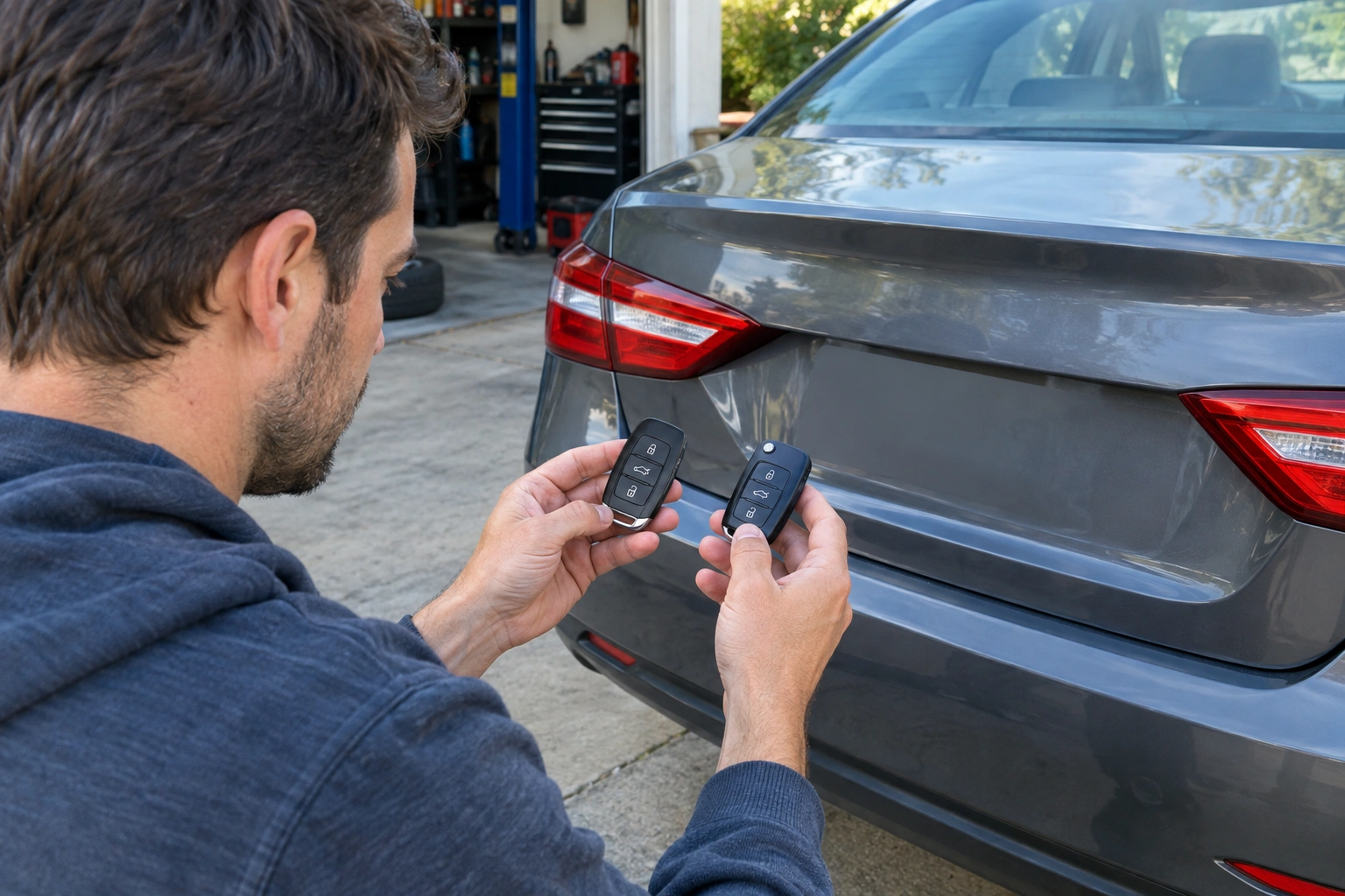 Car owner testing a spare key fob to diagnose trunk button failure