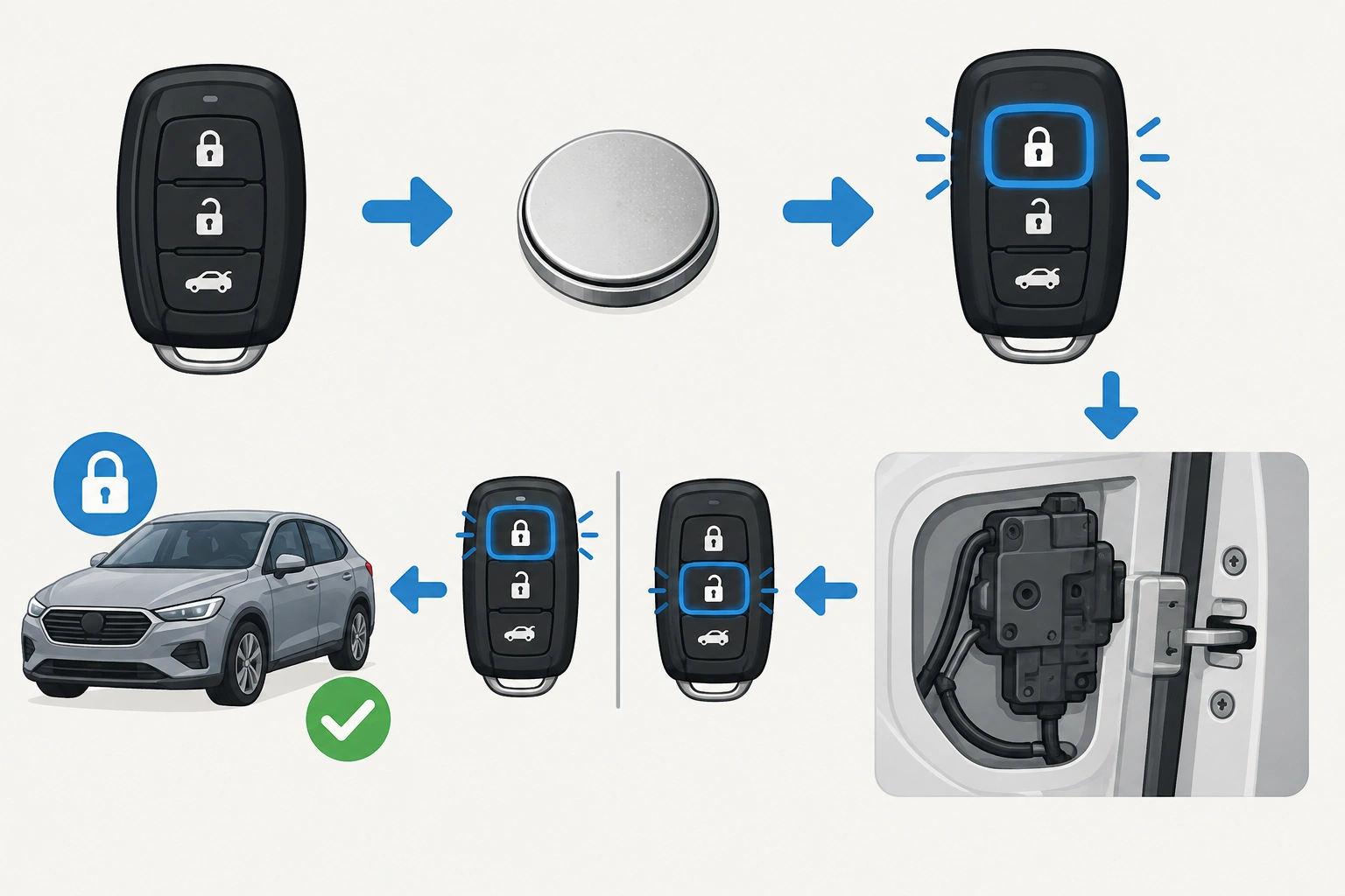 Car key fob troubleshooting flow for unlock works but lock does not
