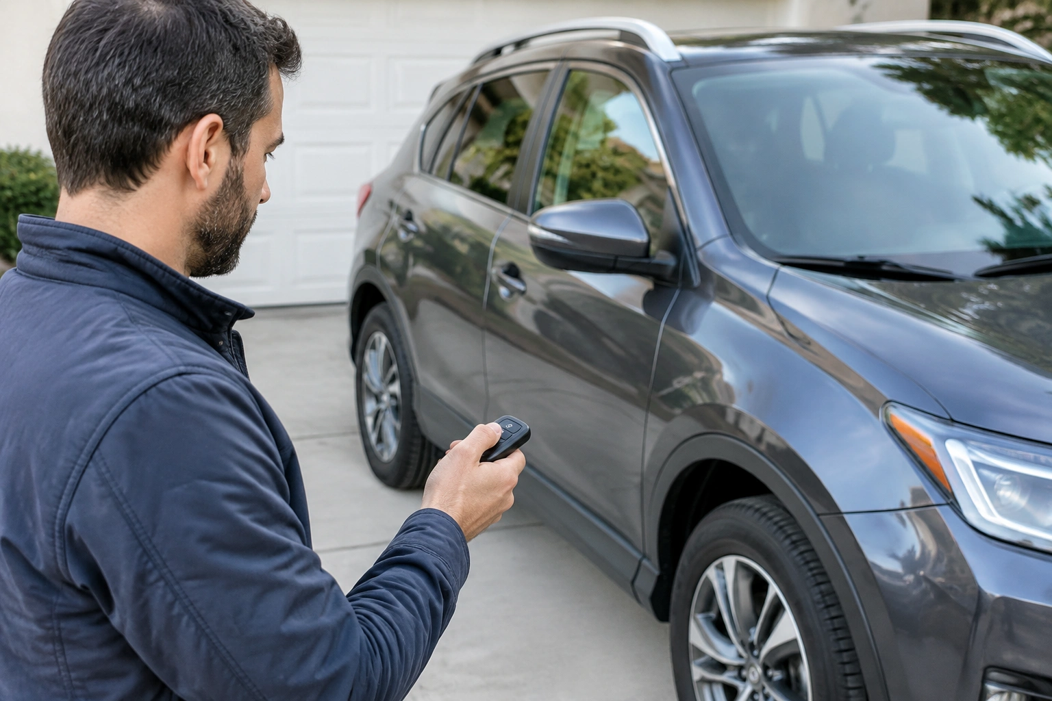 Car owner testing a key fob only close to the vehicle.