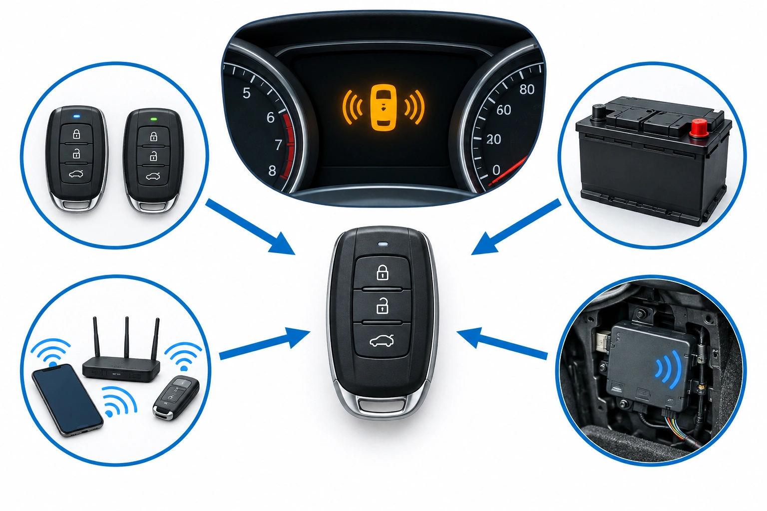 Driver holding a spare key fob next to a push-button start car