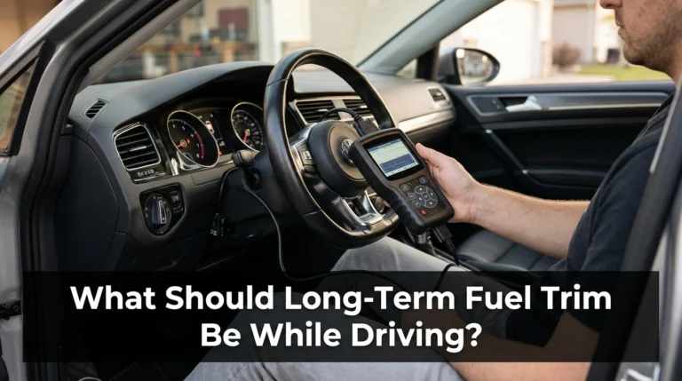 OBD2 scanner connected inside a car for checking long-term fuel trim while driving.