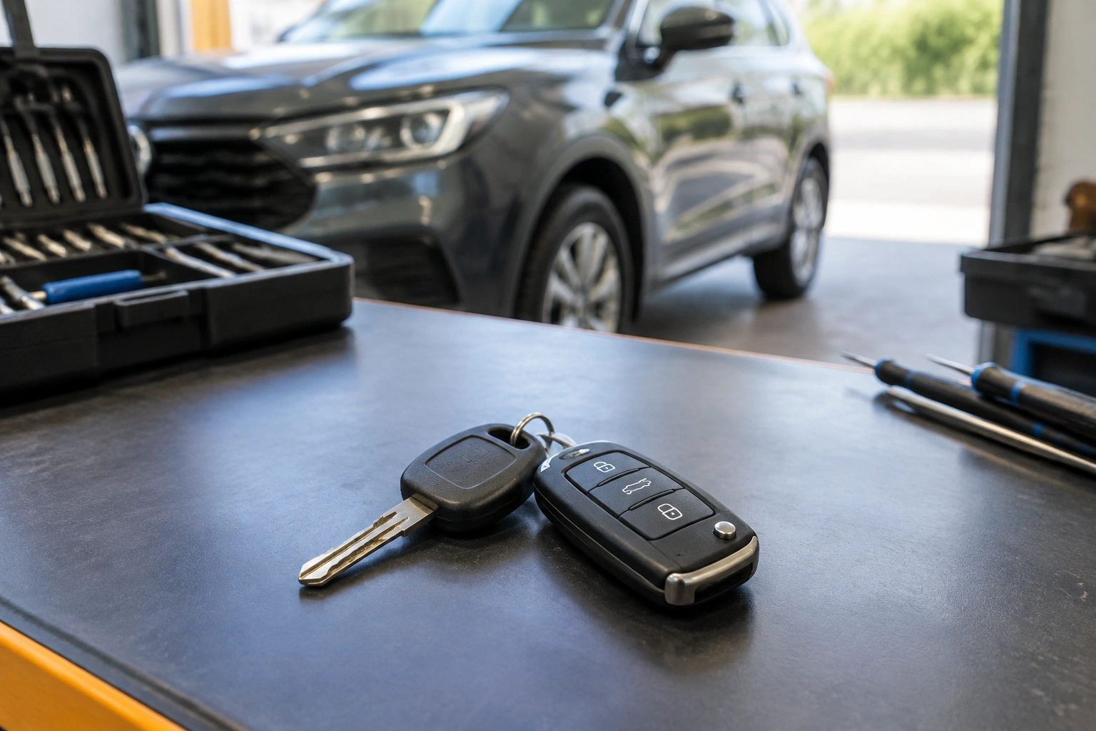 Lost car key and key fob on a table beside vehicle keys
