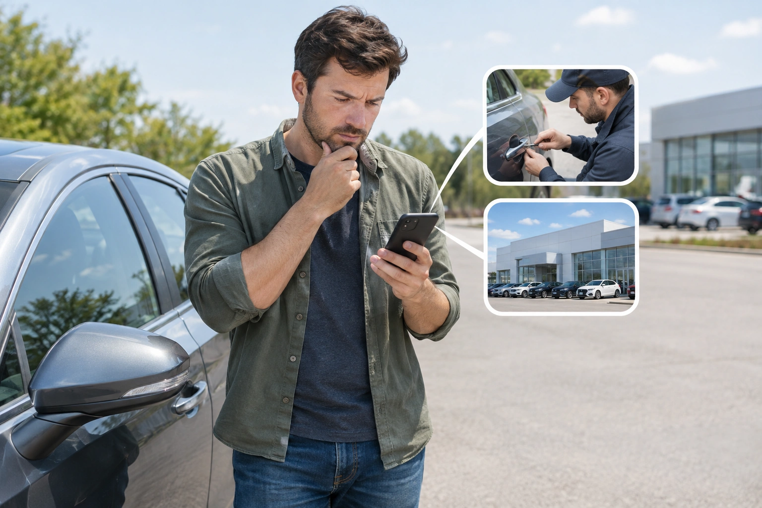Driver comparing locksmith and dealership options after losing a car key