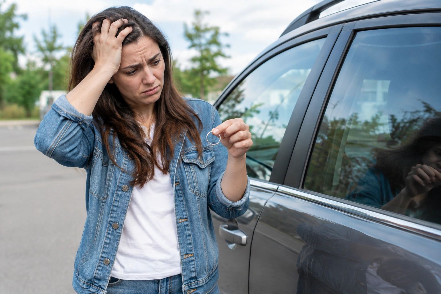 Car owner holding empty key ring beside a locked vehicle